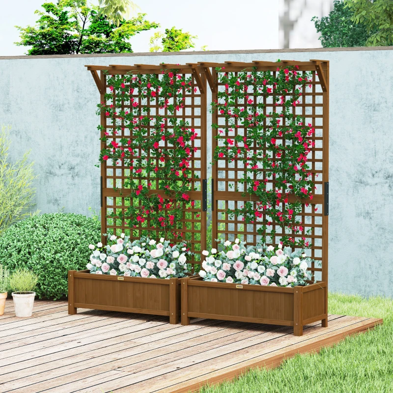 Outsunny Wood Planter with Trellis for Vine Climbing, Raised Garden Bed, Privacy Screen for Backyard, Patio, Deck, Coffee