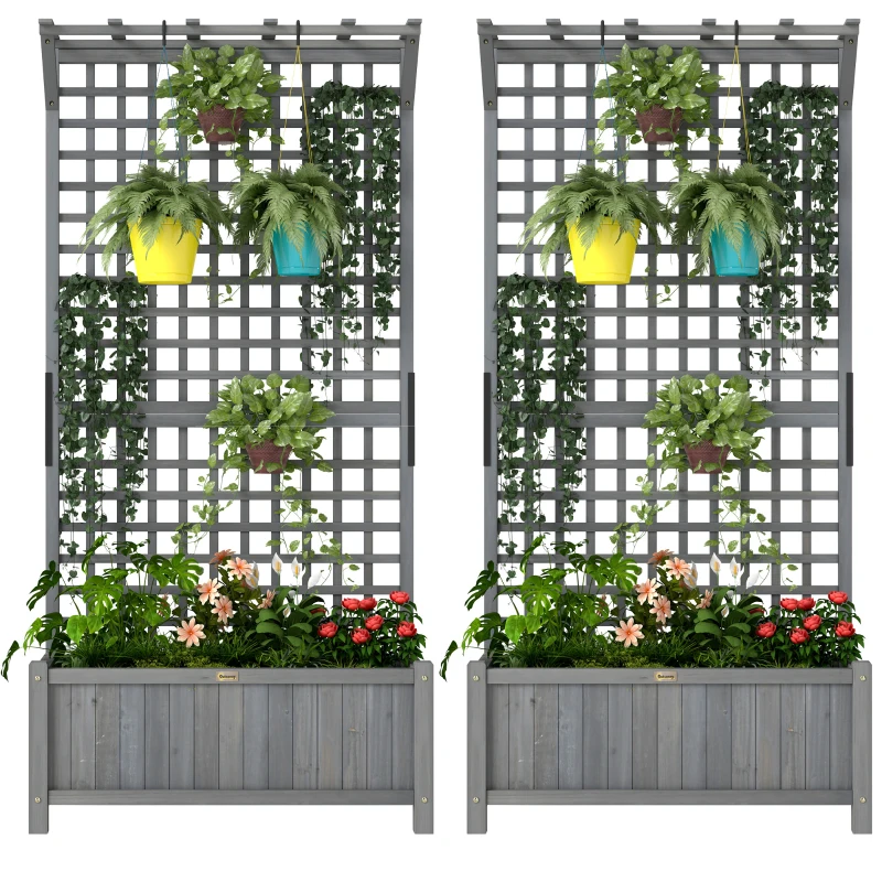 Outsunny Wood Planter with Trellis for Vine Climbing, Raised Garden Bed, Privacy Screen for Backyard, Patio, Deck, Dark Grey