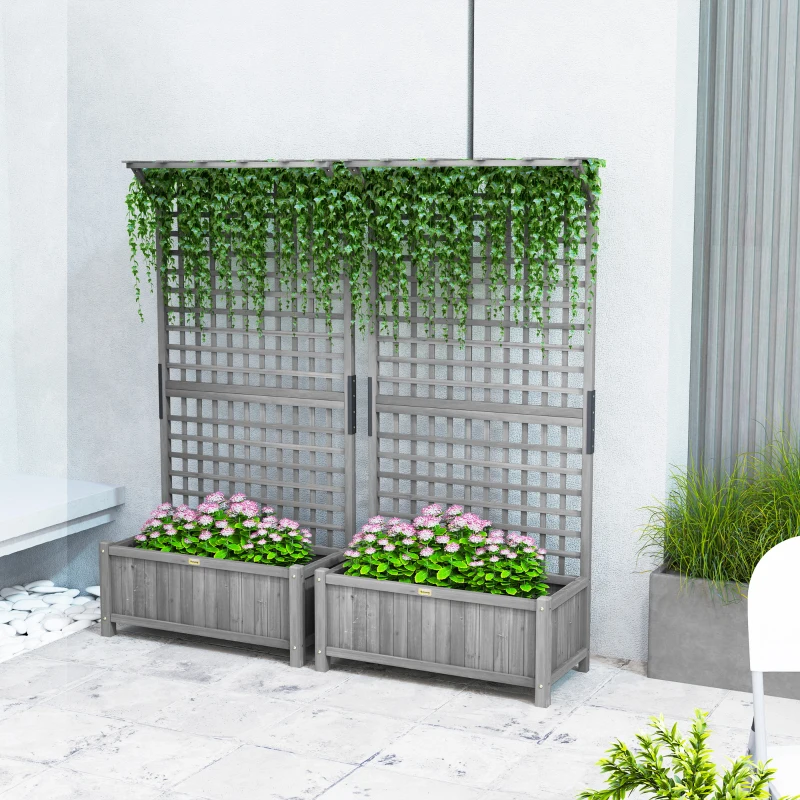 Outsunny Wood Planter with Trellis for Vine Climbing, Raised Garden Bed, Privacy Screen for Backyard, Patio, Deck, Dark Grey