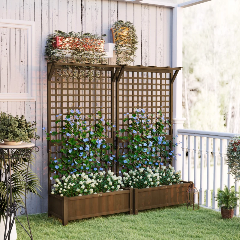 Outsunny Wood Planter with Trellis for Vine Climbing, Raised Garden Bed, Privacy Screen for Backyard, Patio, Deck, Coffee