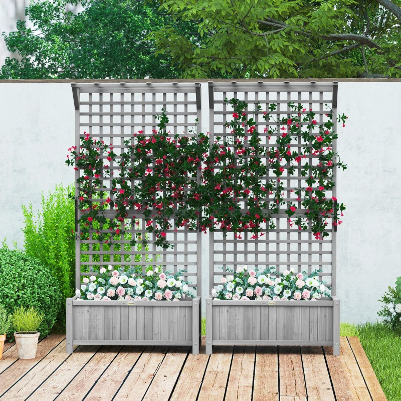 Outsunny Wood Planter with Trellis for Vine Climbing, Raised Garden Bed, Privacy Screen for Backyard, Patio, Deck, Dark Grey