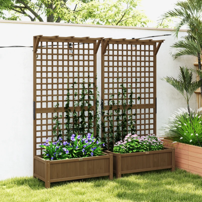 Outsunny Wood Planter with Trellis for Vine Climbing, Raised Garden Bed, Privacy Screen for Backyard, Patio, Deck, Coffee