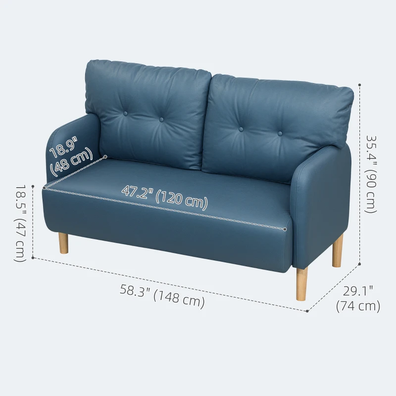HOMCOM 58" 2 Seat Sofa, Modern Love Seats Furniture, Upholstered 2 Seater Couch, Solid Wood Frame, Navy Blue