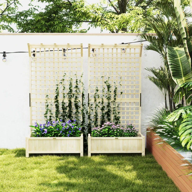 Outsunny Wood Planter with Trellis for Vine Climbing, Raised Garden Bed, Privacy Screen for Backyard, Patio, Deck, Natural Wood