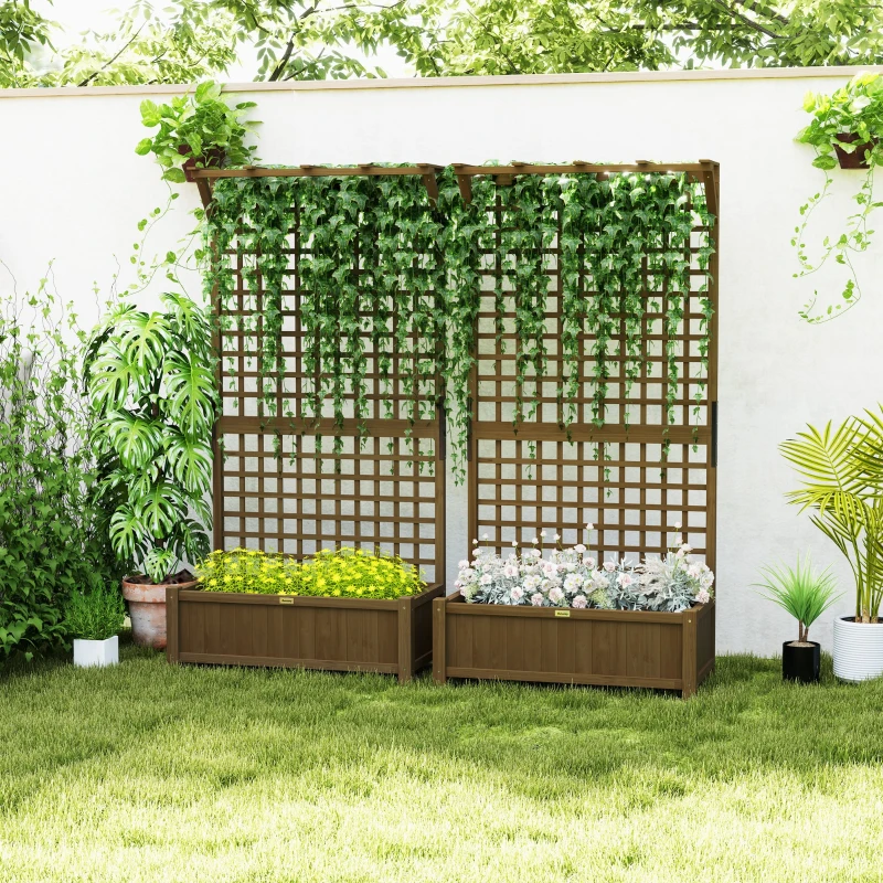 Outsunny Wood Planter with Trellis for Vine Climbing, Raised Garden Bed, Privacy Screen for Backyard, Patio, Deck, Coffee