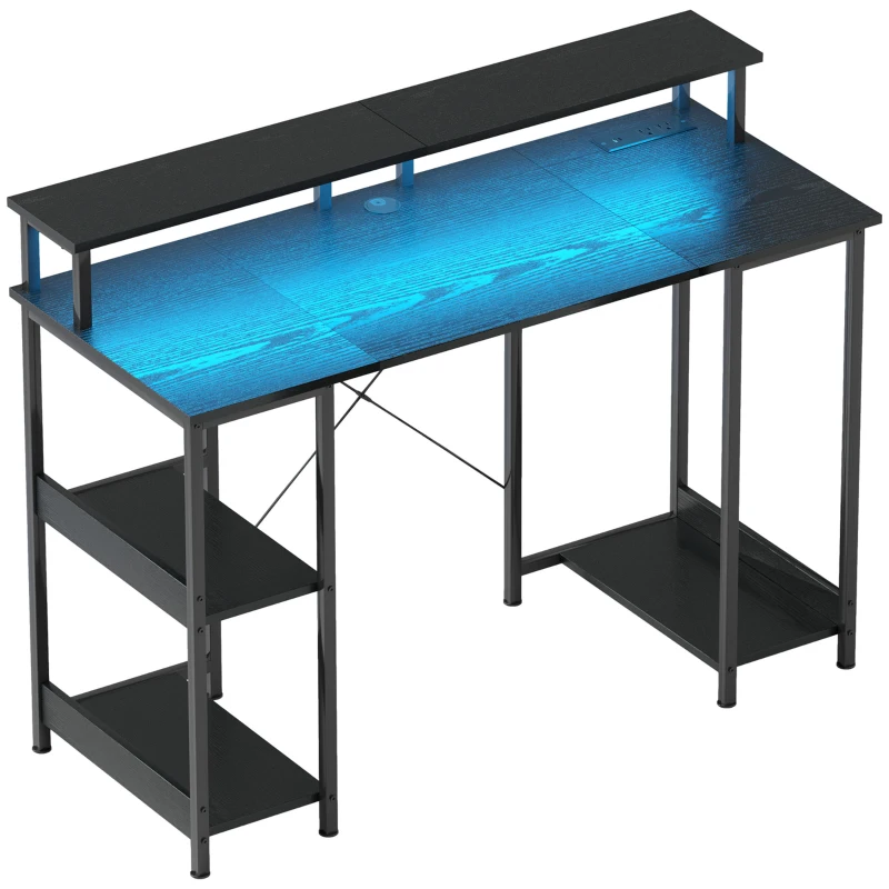 HOMCOM Computer Desk with Storage, 47" Reversible Computer Table with Power Outlets and LED Lights, Distressed Black