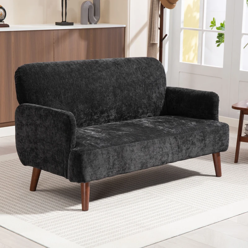 HOMCOM Velvet Feel Fabric 2 Seater Sofa, Small Sofa Loveseat with 8.3" Thick Padding and Wood Legs, Black