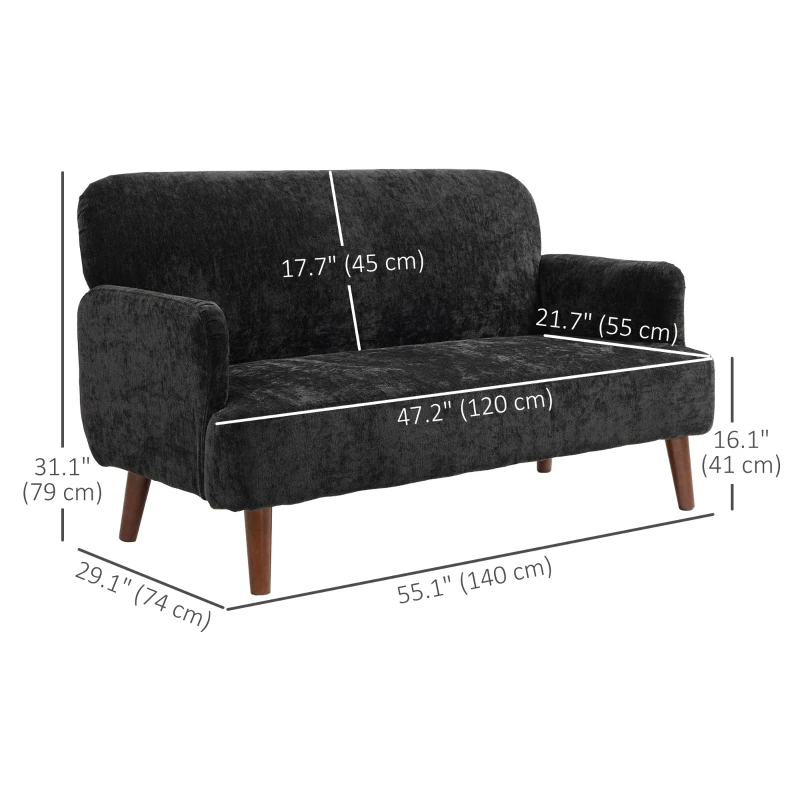 HOMCOM Velvet Feel Fabric 2 Seater Sofa, Small Sofa Loveseat with 8.3" Thick Padding and Wood Legs, Black