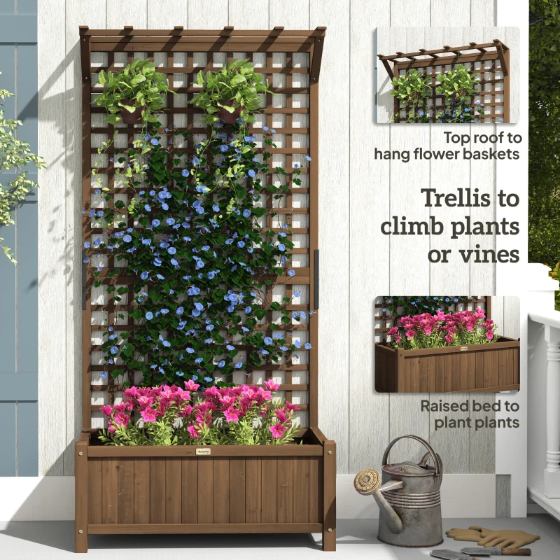 Outsunny Wood Planter with Trellis for Vine Climbing, Raised Garden Bed, Privacy Screen for Backyard, Patio, Deck, Coffee