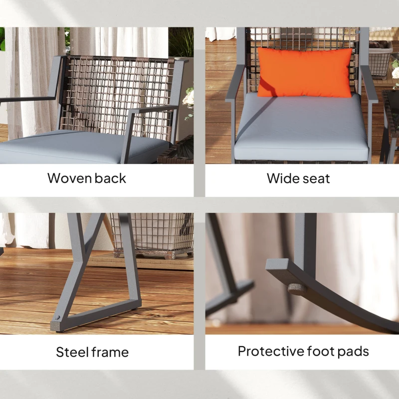 Outsunny 3 Pieces Rocking Bistro Set, Wicker Patio Furniture Set with Cushions and Glass Table for Porch, Balcony, Grey