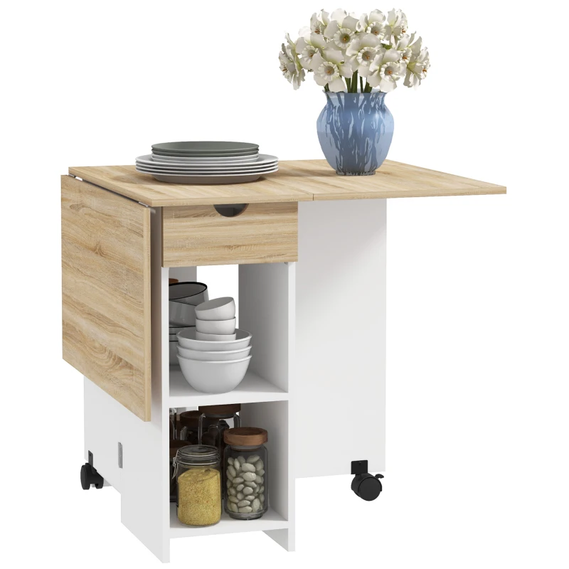 HOMCOM Folding Dining Table, Space Saving Drop Leaf Table with Drawer and Storage Shelves for Kitchen, Dining Room, Oak