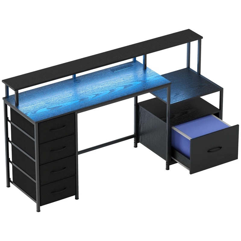 HOMCOM Computer Desk with Power Outlets and LED Lights, 67" Computer Table with File Cabinet and Fabric Drawers, Black