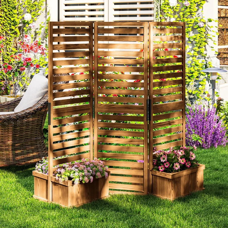 Outsunny 62.5" x 19" x 66" Wood Panel Trellis w/ 4 Planter Box Raised Bed for Garden Natural Wood(m-9)