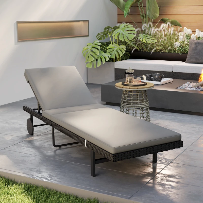 Outsunny PE Rattan Tanning Chair, Outdoor Patio Lounger with 5-Level Adjustable Back, Wheels and Cushion, Grey