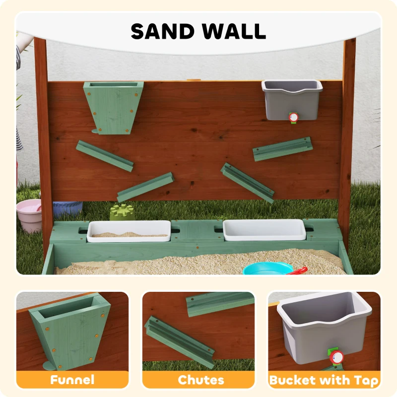 Qaba Wooden Kids Sandbox with Canopy, Sand Wall, Bottom Liner, for 3-6 Years, 46" x 44" W x 50", Green