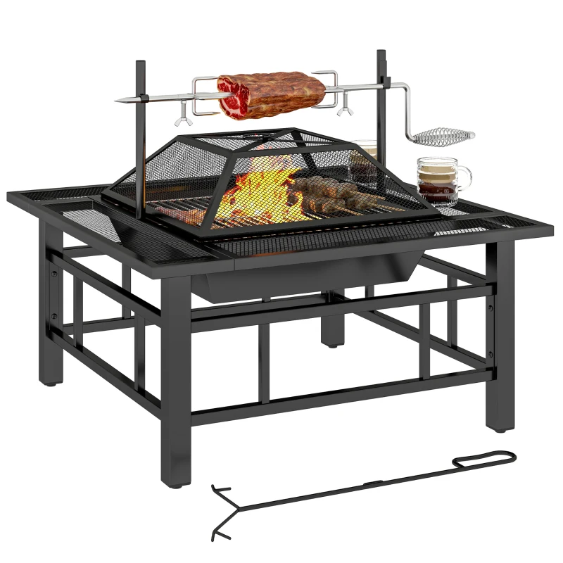 Outsunny 2-in-1 Outdoor Fire Pit Firepit with BBQ Grill Grate, Wood Fire Pit with Adjustable Foot Pads, Outer Ledge, Poker, Mesh Lid for Backyard Bonfire Picnic, Black