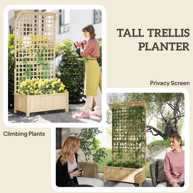 Outsunny Wood Planter with Trellis for Vine Climbing, Raised Garden Bed, Privacy Screen for Backyard, Patio, Deck, Natural Wood