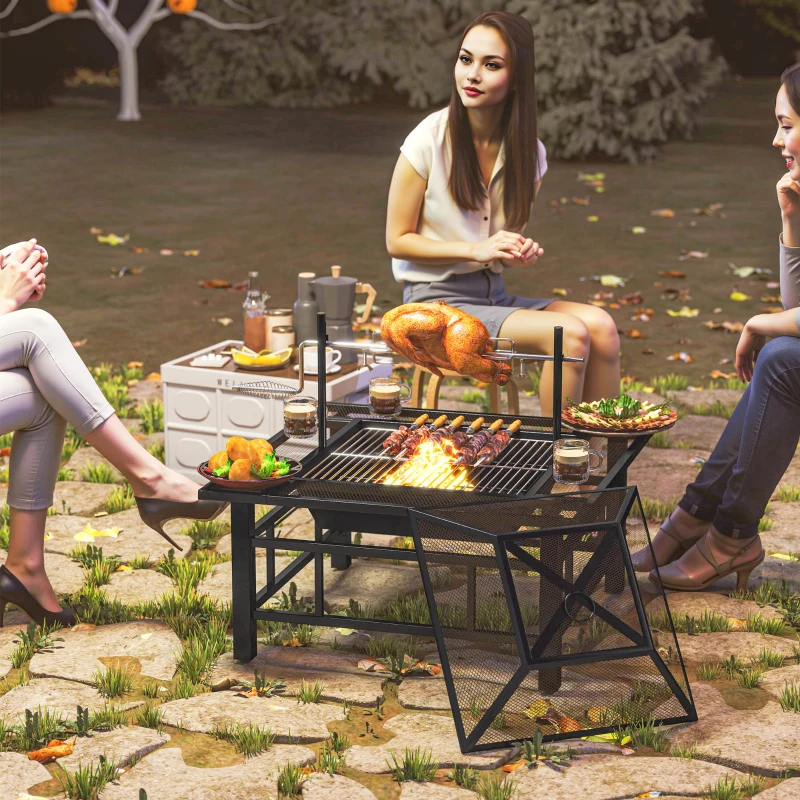 Outsunny 2-in-1 Outdoor Fire Pit Firepit with BBQ Grill Grate, Wood Fire Pit with Adjustable Foot Pads, Outer Ledge, Poker, Mesh Lid for Backyard Bonfire Picnic, Black