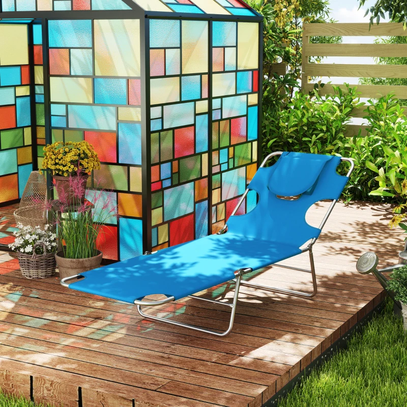 Outsunny Folding Outdoor Chaise Lounge Sun Tanning Chair with Face Cavity, Pillow, 5-level Adjustable for Beach, Pool, Light Blue