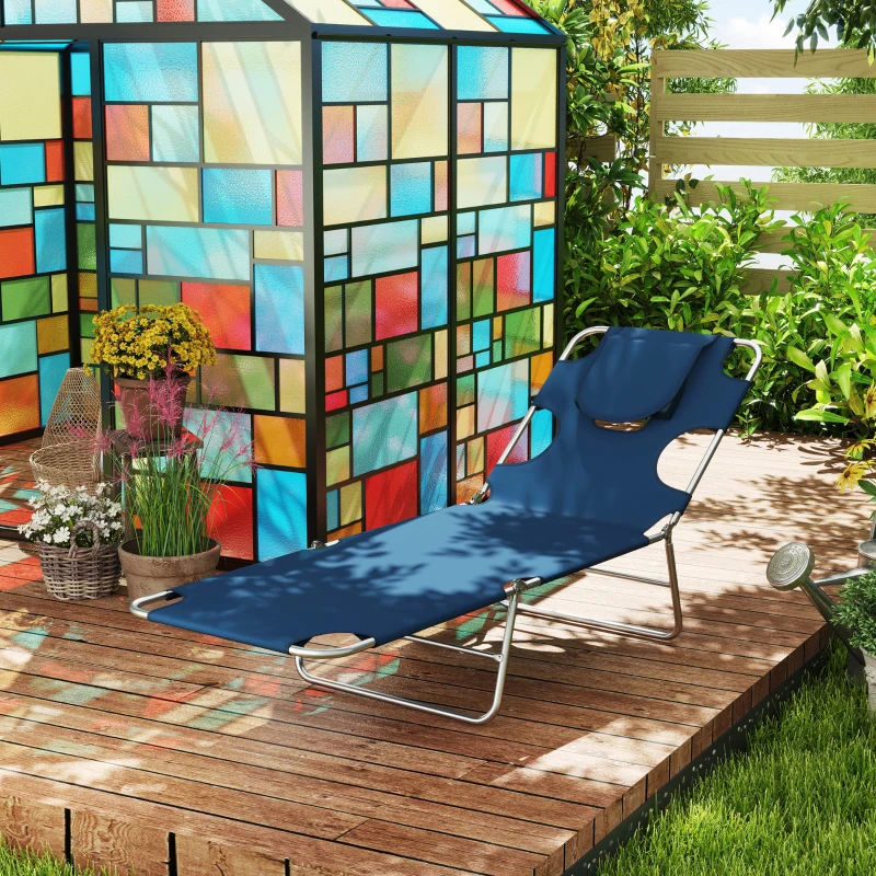 Outsunny Folding Outdoor Chaise Lounge Sun Tanning Chair with Face Cavity, Pillow, 5-level Adjustable for Beach, Pool, Dark Blue