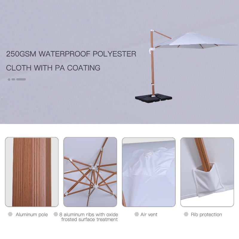 Outsunny 10ft x 10 ft Patio Offset Parasol Hanging Cantilever Umbrella with Deluxe Wood Pattern Effect Design, Adjustable Tilt and 360° Rotation, White