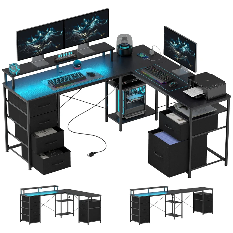 HOMCOM 66" Reversible L Shaped Computer Desk, Corner Desk with File Drawer, Power Outlets and LED Lights, Distressed Black