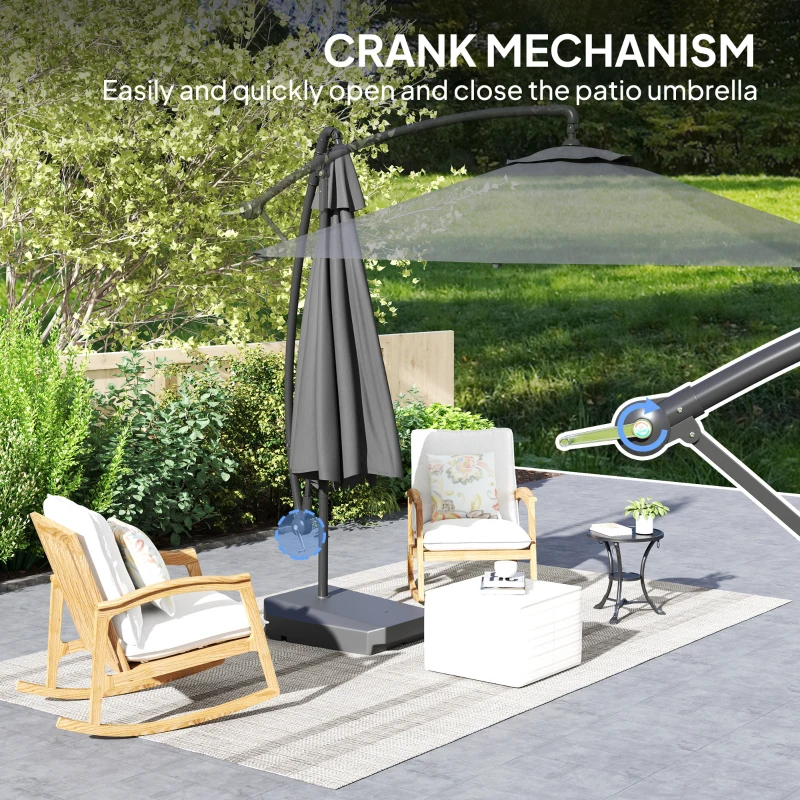 Outsunny 10FT Cantilever Umbrella with Fillable Base, Wind Strap and Cover, Offset Hanging Umbrella with Crank, UPF50+, Grey