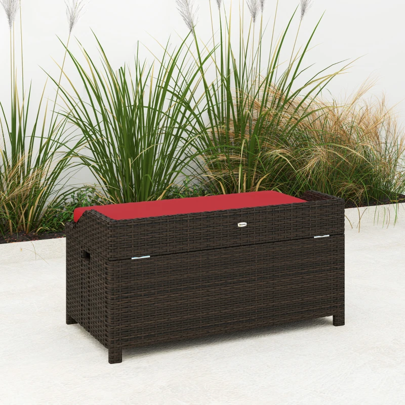 Outsunny Outdoor Wicker Storage Bench with Storage & Cushion, Red