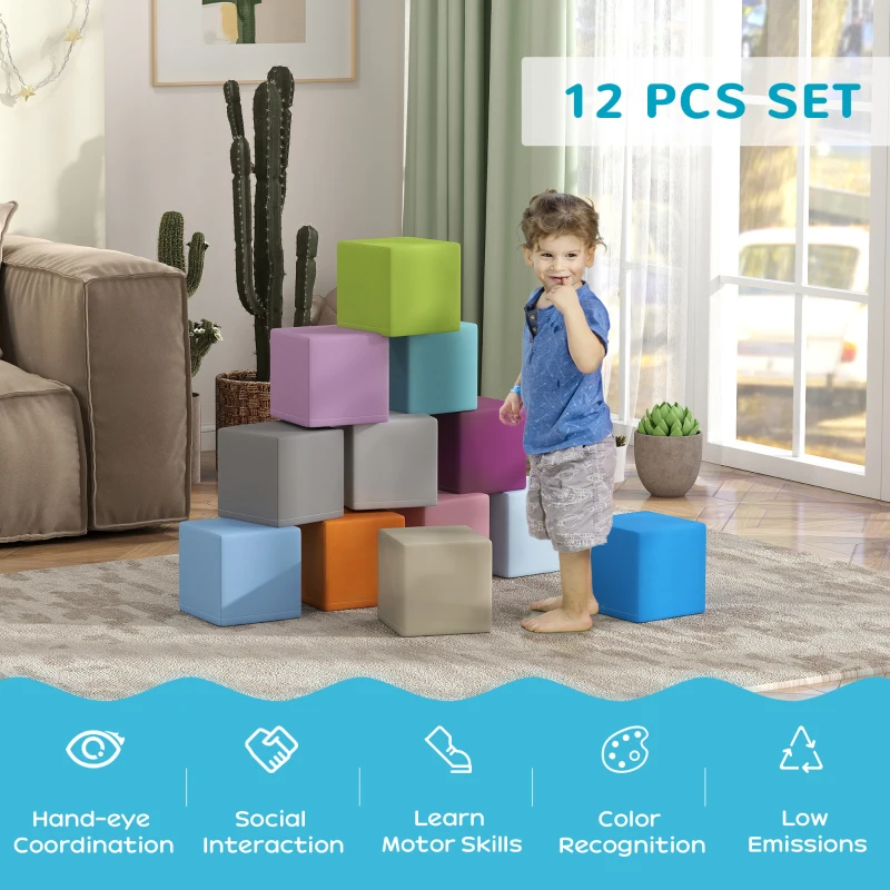 Soozier 12 Piece Soft Play Blocks Soft Foam Toy Building And Stacking Blocks - Multicolours