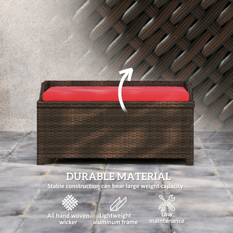 Outsunny Outdoor Wicker Storage Bench with Storage & Cushion, Red