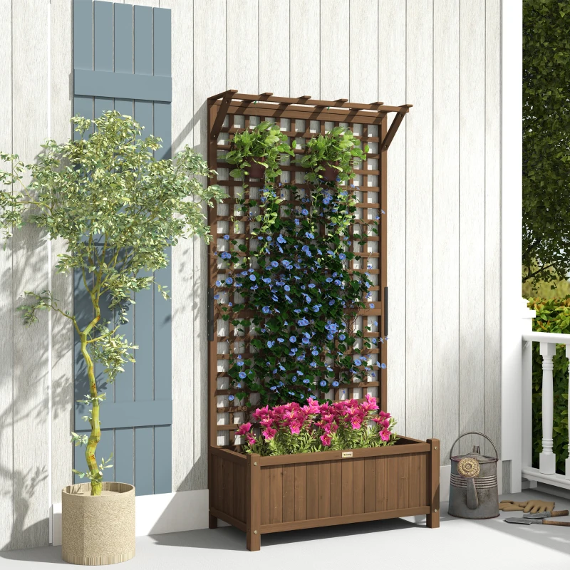 Outsunny Wood Planter with Trellis for Vine Climbing, Raised Garden Bed, Privacy Screen for Backyard, Patio, Deck, Coffee