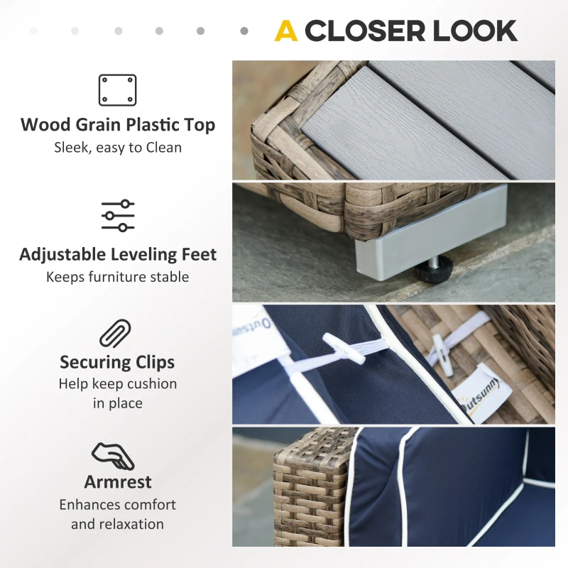 Outsunny 7-Piece Outdoor Wicker Patio Sofa Set, Modern Rattan Conversation Furniture Set with Cushions, Pillows and Tea Table - Blue