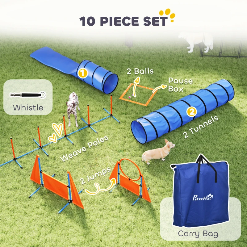 PawHut 10 PCs Dog Agility Training Equipment Set Outdoor Indoor, Dog Agility Course Backyard Set with 2 Tunnels, Weave Poles