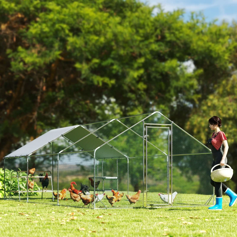 PawHut Large Metal Chicken Coop with Waterproof Cover, Roosting Bar, Nesting Box, 9.8' x 19.7' x 6.4'