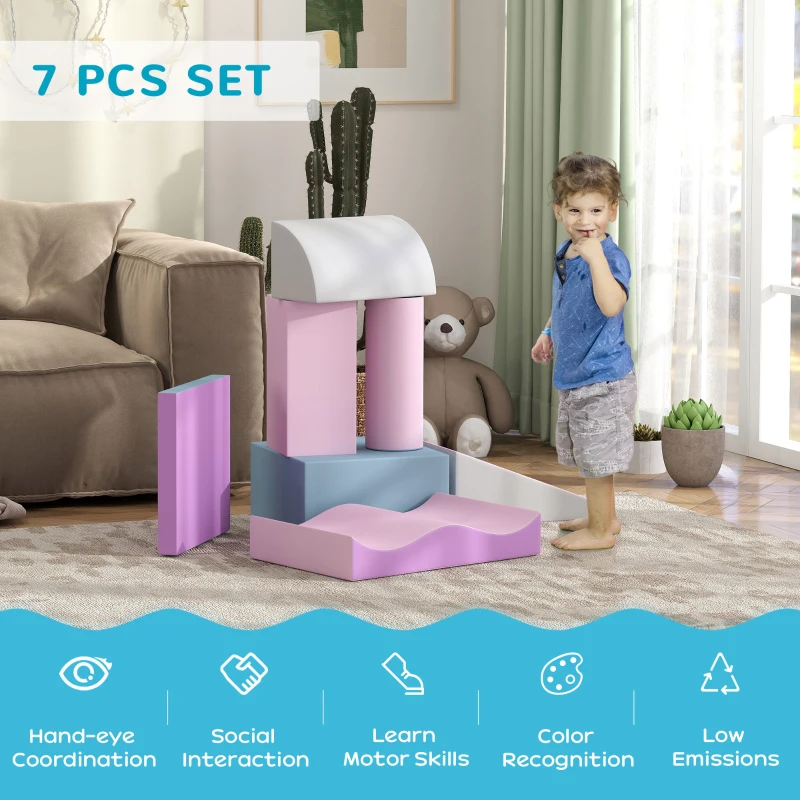 Soozier 7 Pieces Soft Play Foam Climbing Blocks, Indoor Modular Kids Play Toys for Climbing, Crawling, Sliding, Light Colour