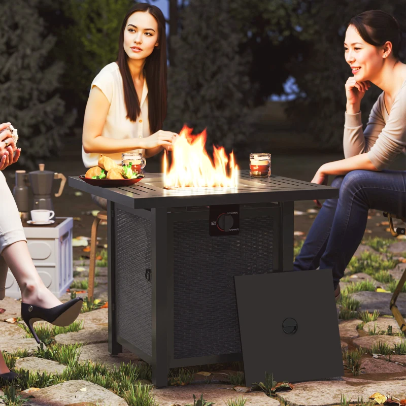 Outsunny Square Gas Fire Pit Table, Smokeless Firepit with Cover, Black