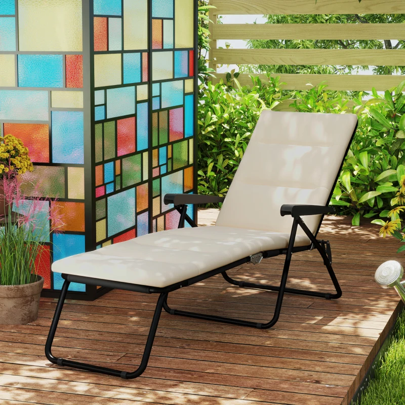 Outsunny Foldable Lounge Chair, Reclining Patio Sun Lounger with 6-Position Adjustable Back, Beige