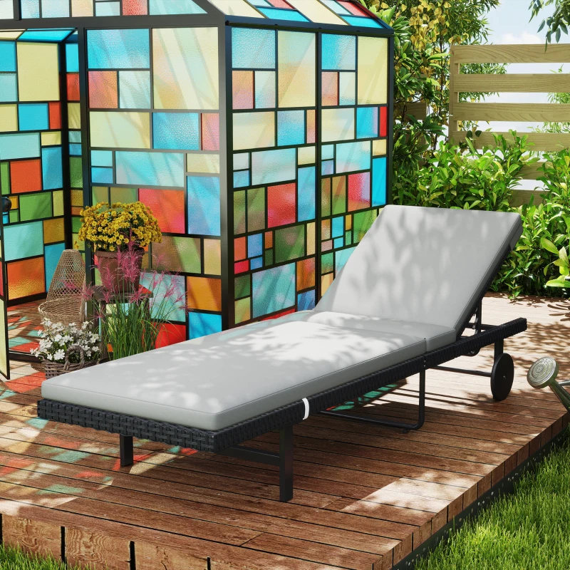 Outsunny PE Rattan Tanning Chair, Outdoor Patio Lounger with 5-Level Adjustable Back, Wheels and Cushion, Grey