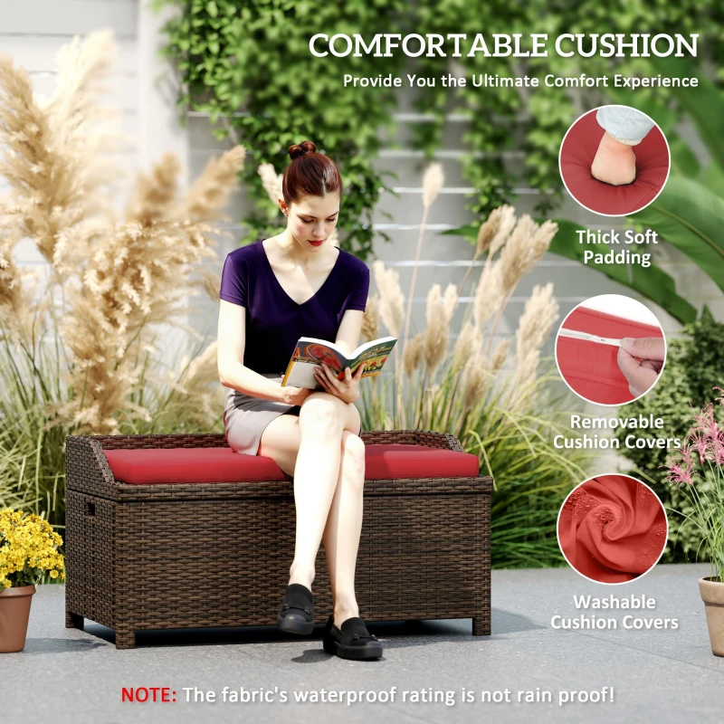 Outsunny Outdoor Wicker Storage Bench with Storage & Cushion, Red