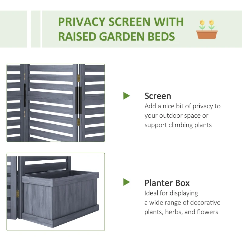 Outsunny Wood Privacy Screen w/ 4 Planter Box, Raised Bed w/ 3 Panels & Drainage Holes