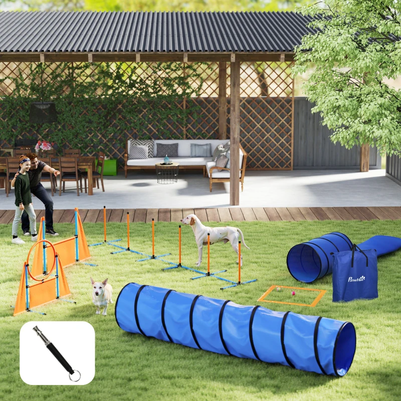 PawHut 10 PCs Dog Agility Training Equipment Set Outdoor Indoor, Dog Agility Course Backyard Set with 2 Tunnels, Weave Poles