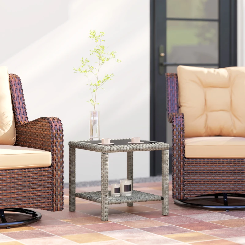 Outsunny 19" Outdoor Wicker Coffee Table with Glass Top, Storage Shelf for Garden Porch Balcony Deck, Dark Grey