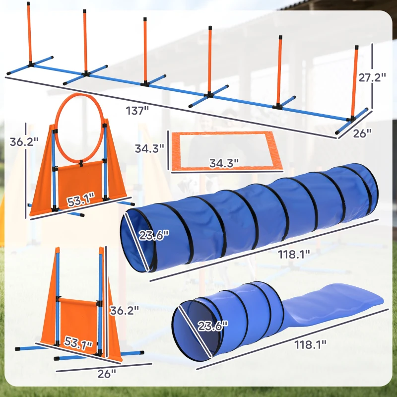 PawHut 10 PCs Dog Agility Training Equipment Set Outdoor Indoor, Dog Agility Course Backyard Set with 2 Tunnels, Weave Poles