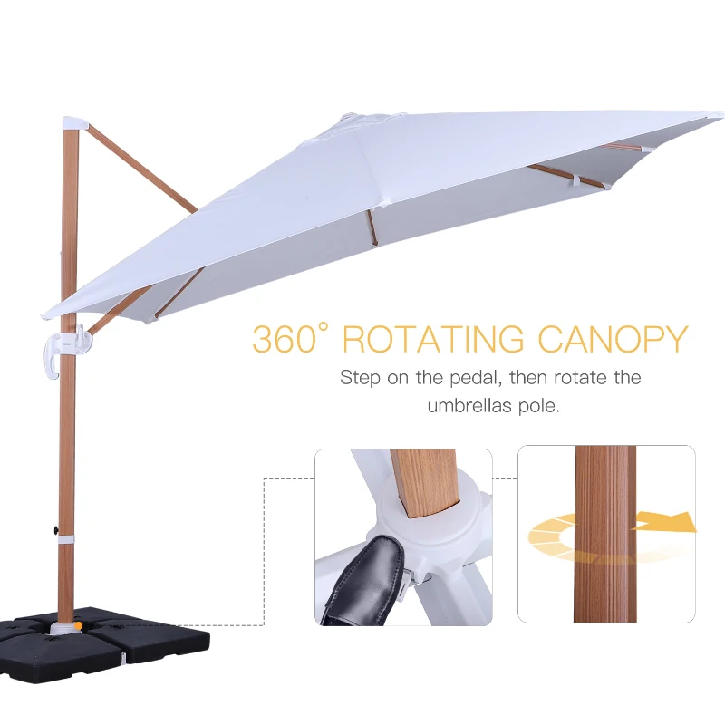 Outsunny 10ft x 10 ft Patio Offset Parasol Hanging Cantilever Umbrella with Deluxe Wood Pattern Effect Design, Adjustable Tilt and 360° Rotation, White