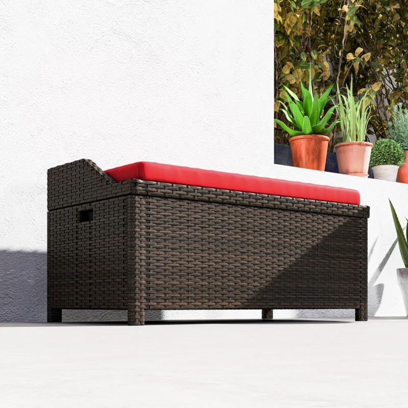 Outsunny Outdoor Wicker Storage Bench with Storage & Cushion, Red