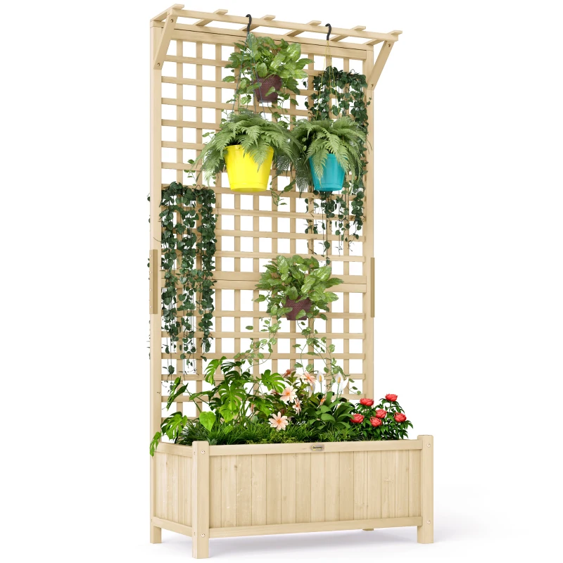 Outsunny Wood Planter with Trellis for Vine Climbing, Raised Garden Bed, Privacy Screen for Backyard, Patio, Deck, Natural Wood