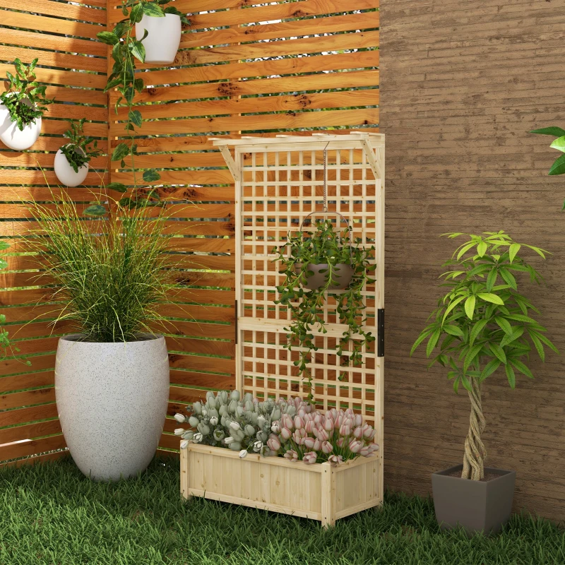 Outsunny Wood Planter with Trellis for Vine Climbing, Raised Garden Bed, Privacy Screen for Backyard, Patio, Deck, Natural Wood