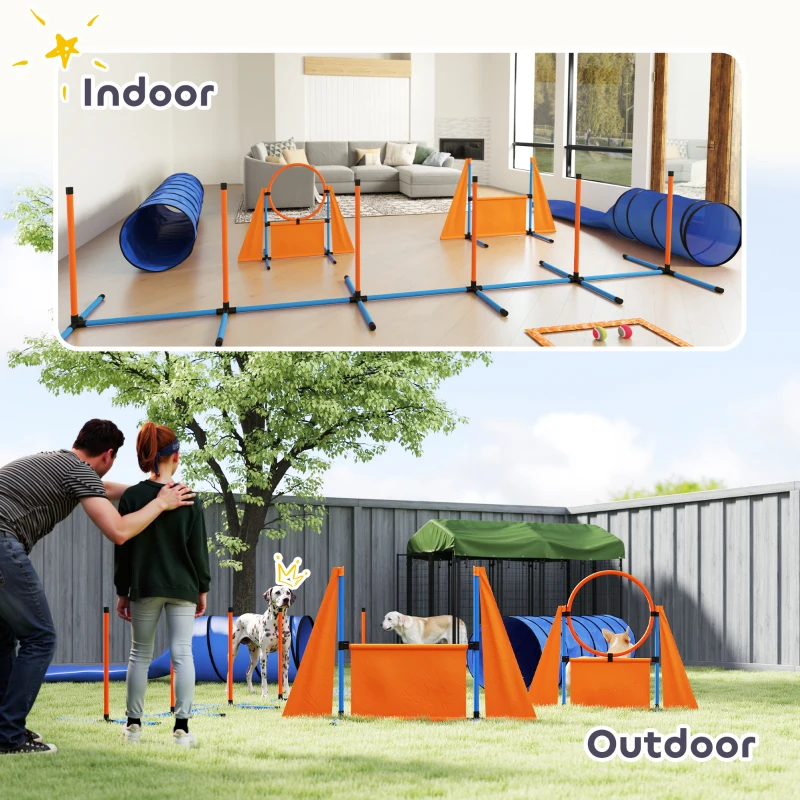 PawHut 10 PCs Dog Agility Training Equipment Set Outdoor Indoor, Dog Agility Course Backyard Set with 2 Tunnels, Weave Poles