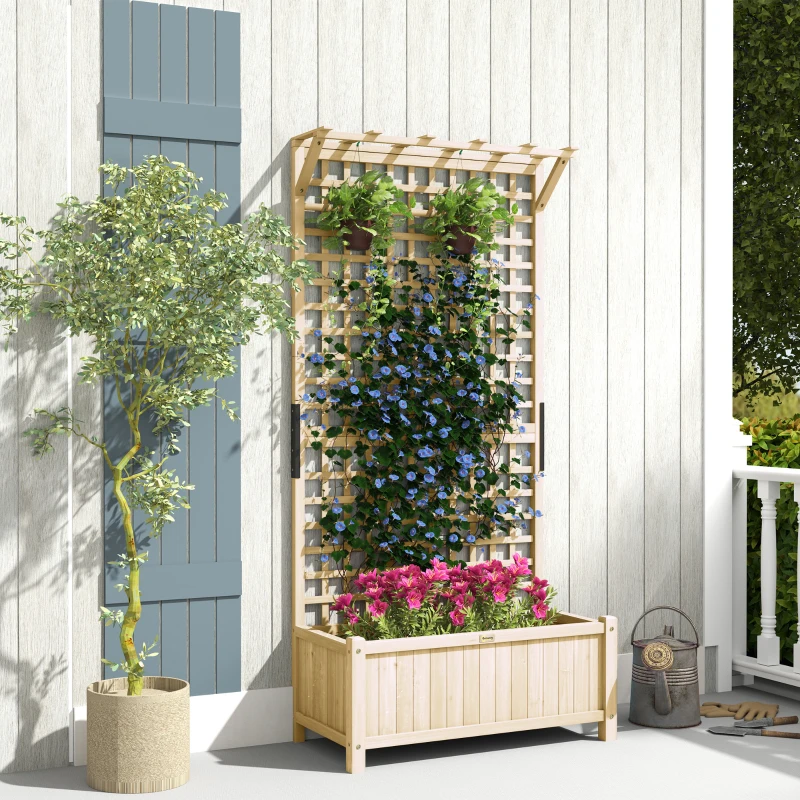 Outsunny Wood Planter with Trellis for Vine Climbing, Raised Garden Bed, Privacy Screen for Backyard, Patio, Deck, Natural Wood