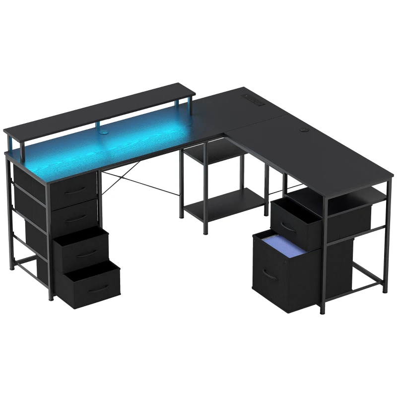 HOMCOM 66" Reversible L Shaped Computer Desk, Corner Desk with File Drawer, Power Outlets and LED Lights, Distressed Black